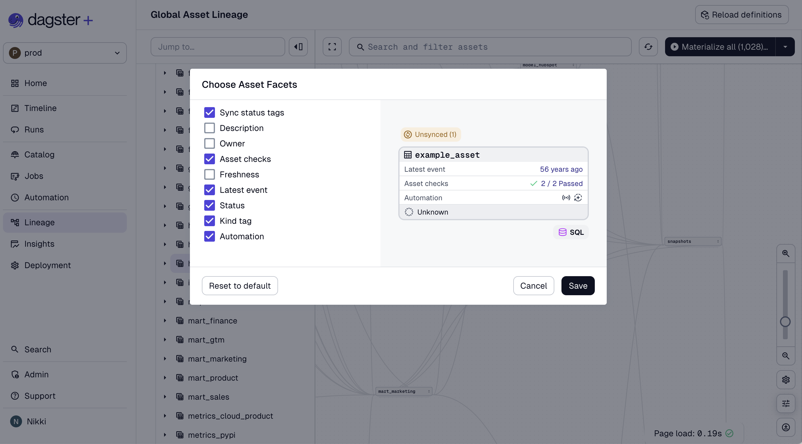 Asset facets configuration modal